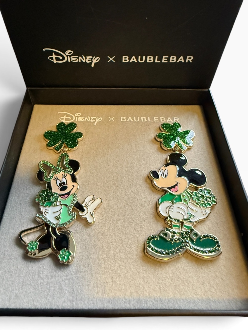 Disney x Baublebar Green Minnie & Mickey Shamrock Dangle Earrings NIB